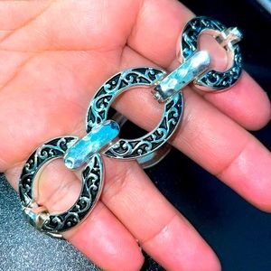 Pretty Silvertone and Black Oval Magnet Clasp Statement Bracelet